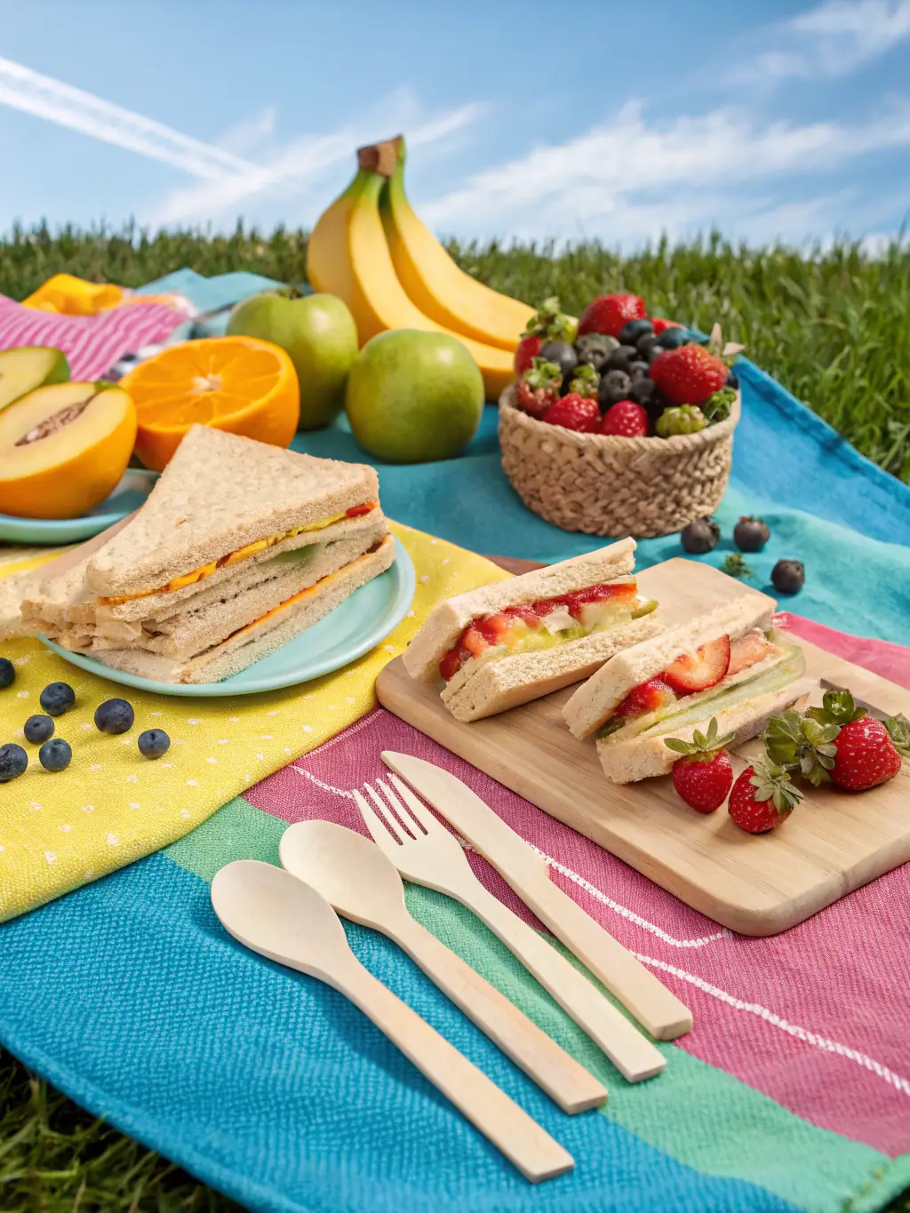 A vibrant image of Trrestle's biodegradable cutlery set, arranged neatly on a picnic blanket with fresh fruits and sandwiches, emphasizing their convenience and sustainability.