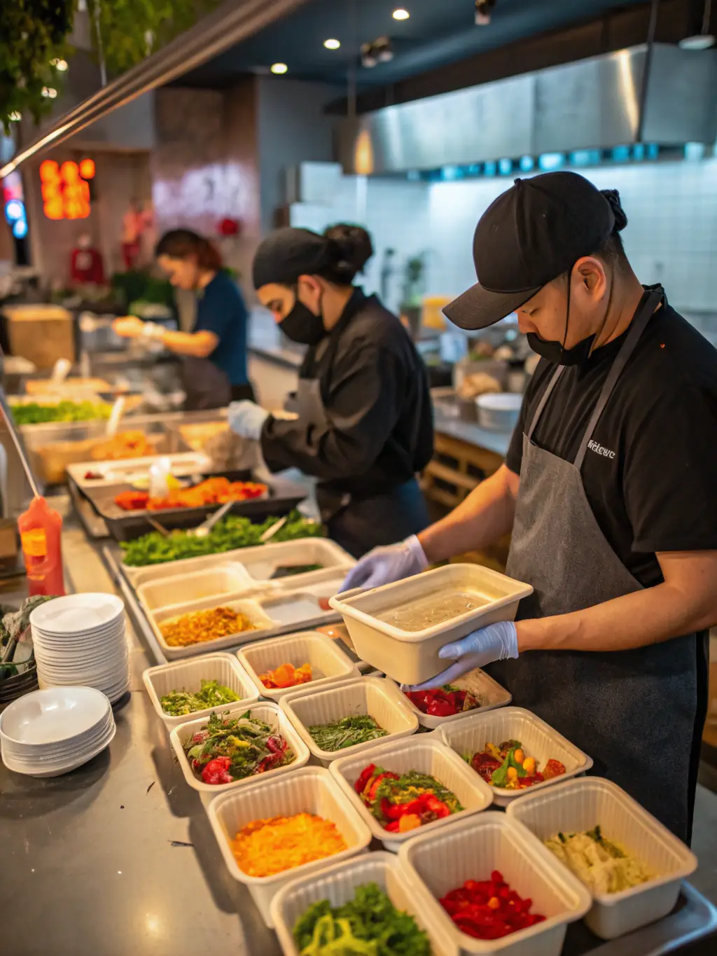 A busy restaurant kitchen with chefs using compostable food containers for takeout orders, showcasing Trrestle's support for the food service industry's sustainability efforts.
