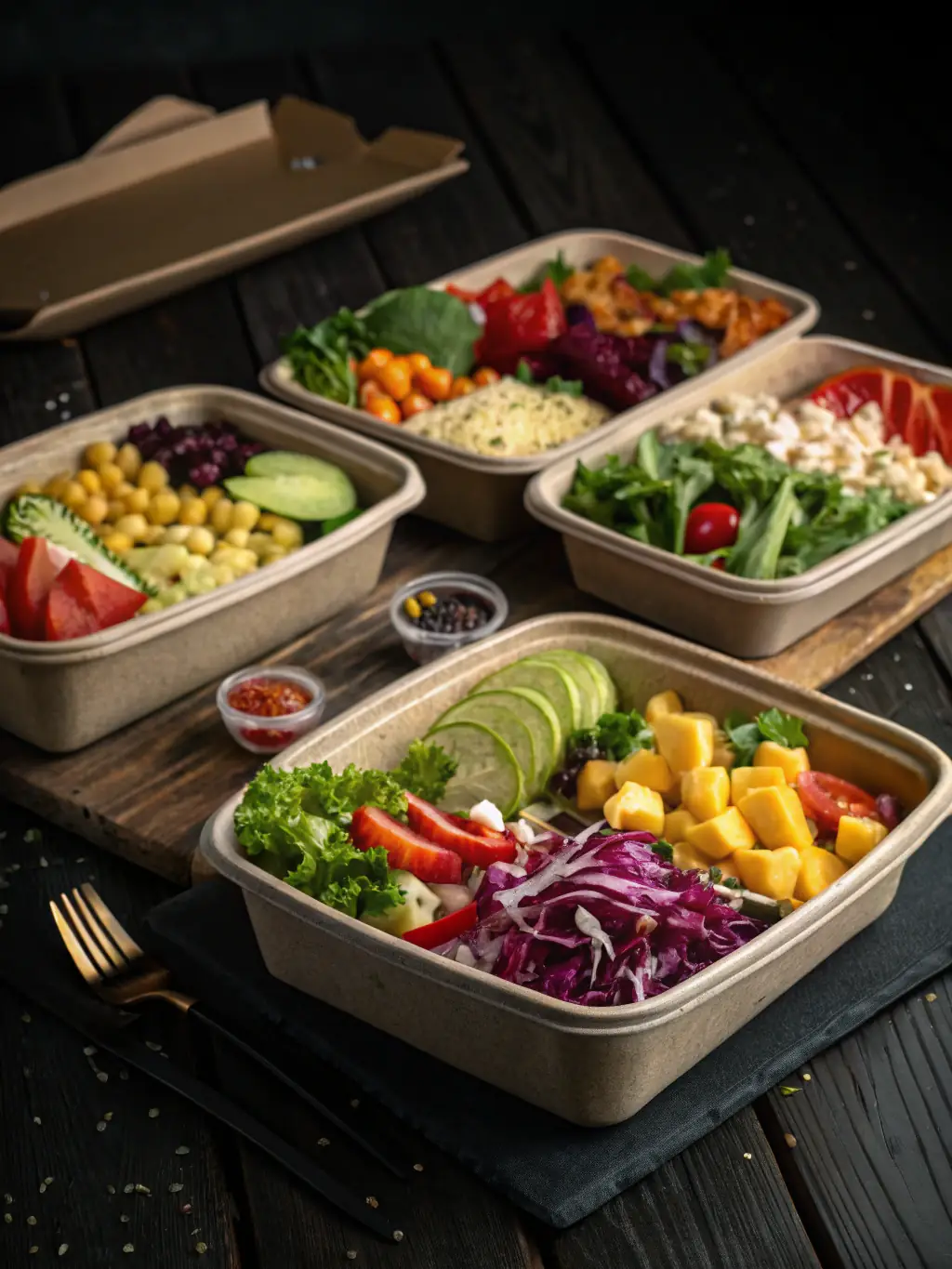 A visually appealing display of Trrestle's compostable food containers, filled with colorful salads and healthy meals, highlighting their versatility and eco-friendliness.