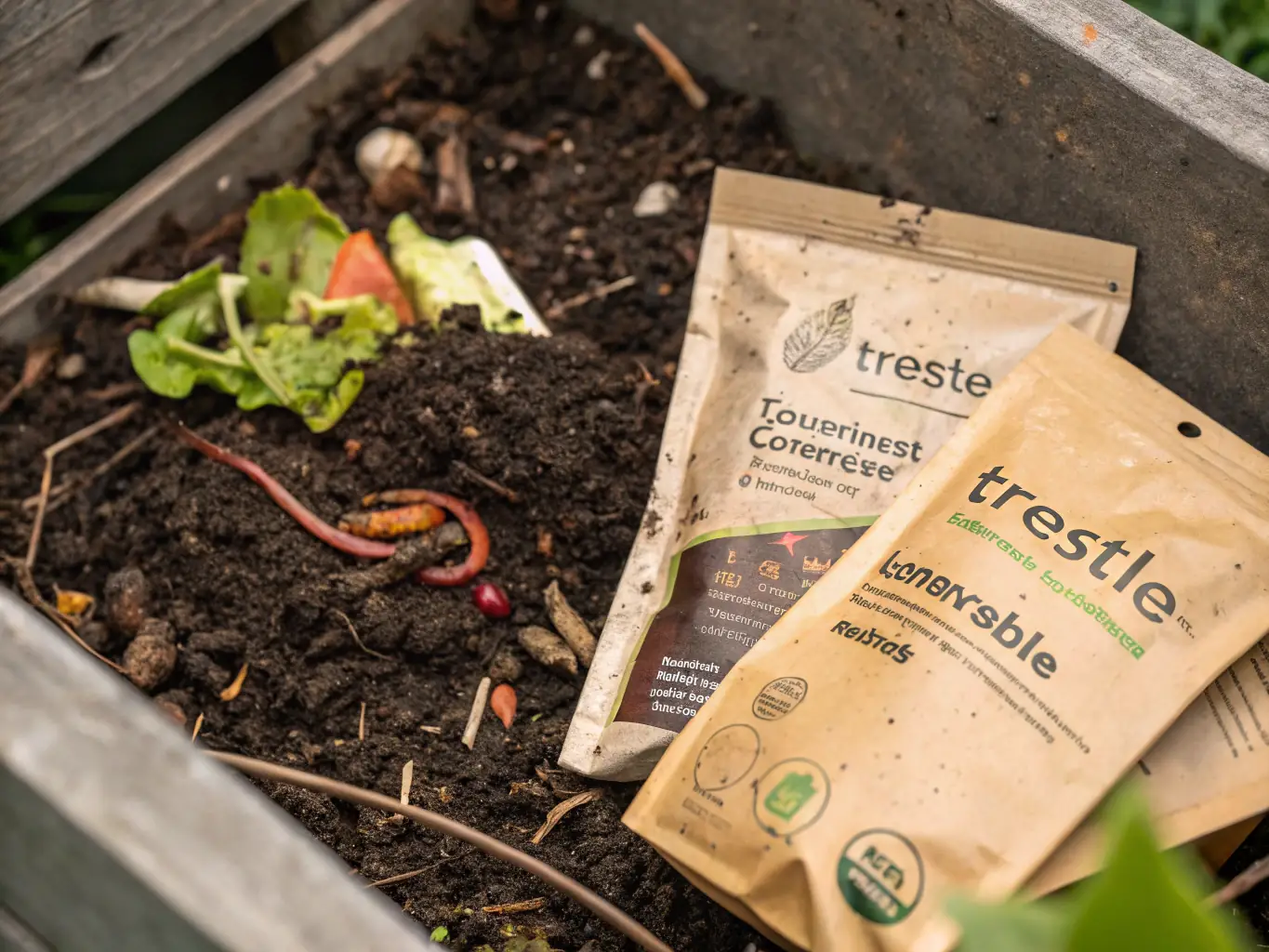 A close-up shot of Trrestle's compostable packaging materials breaking down in a compost bin, highlighting their natural decomposition process and environmental benefits.