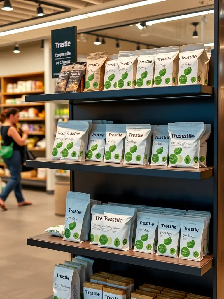 An image showcasing Trrestle's compostable packaging for retail products, emphasizing its aesthetic appeal and eco-friendly composition, displayed in a retail store setting.