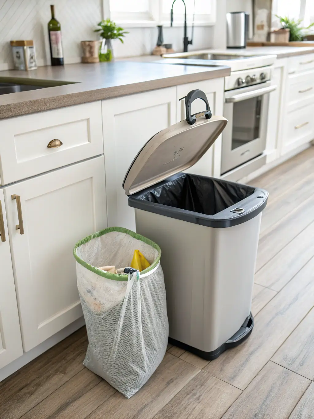 A practical shot of Trrestle's biodegradable trash bags in use, lining a kitchen trash can with food scraps and other waste, demonstrating their strength and environmental benefits.
