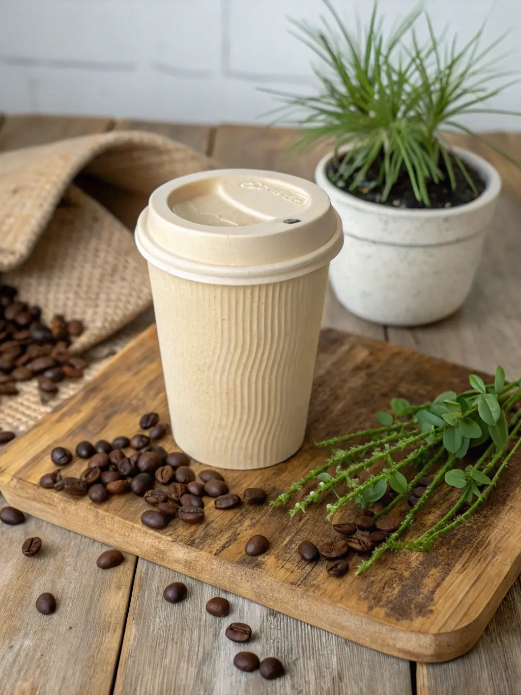 A close-up shot of Trrestle's compostable coffee cups, showcasing their natural texture and eco-friendly design, placed on a wooden table with coffee beans scattered around.