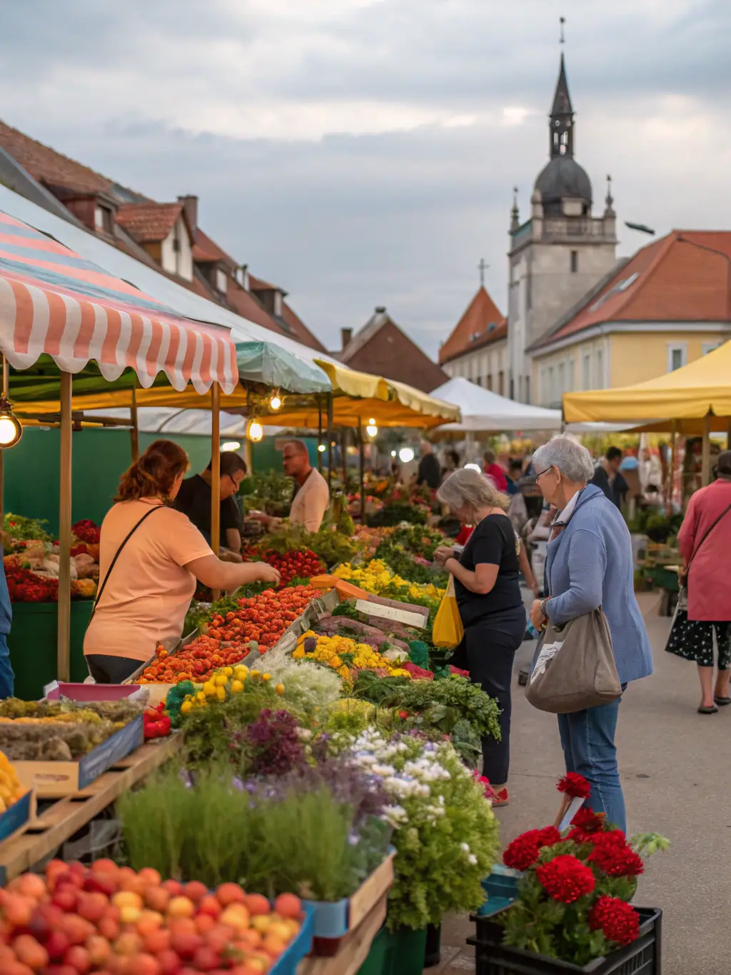 A vibrant image showcasing a bustling farmers market with vendors using compostable containers for produce and food items, emphasizing Trrestle's support for sustainable agriculture and local food systems.