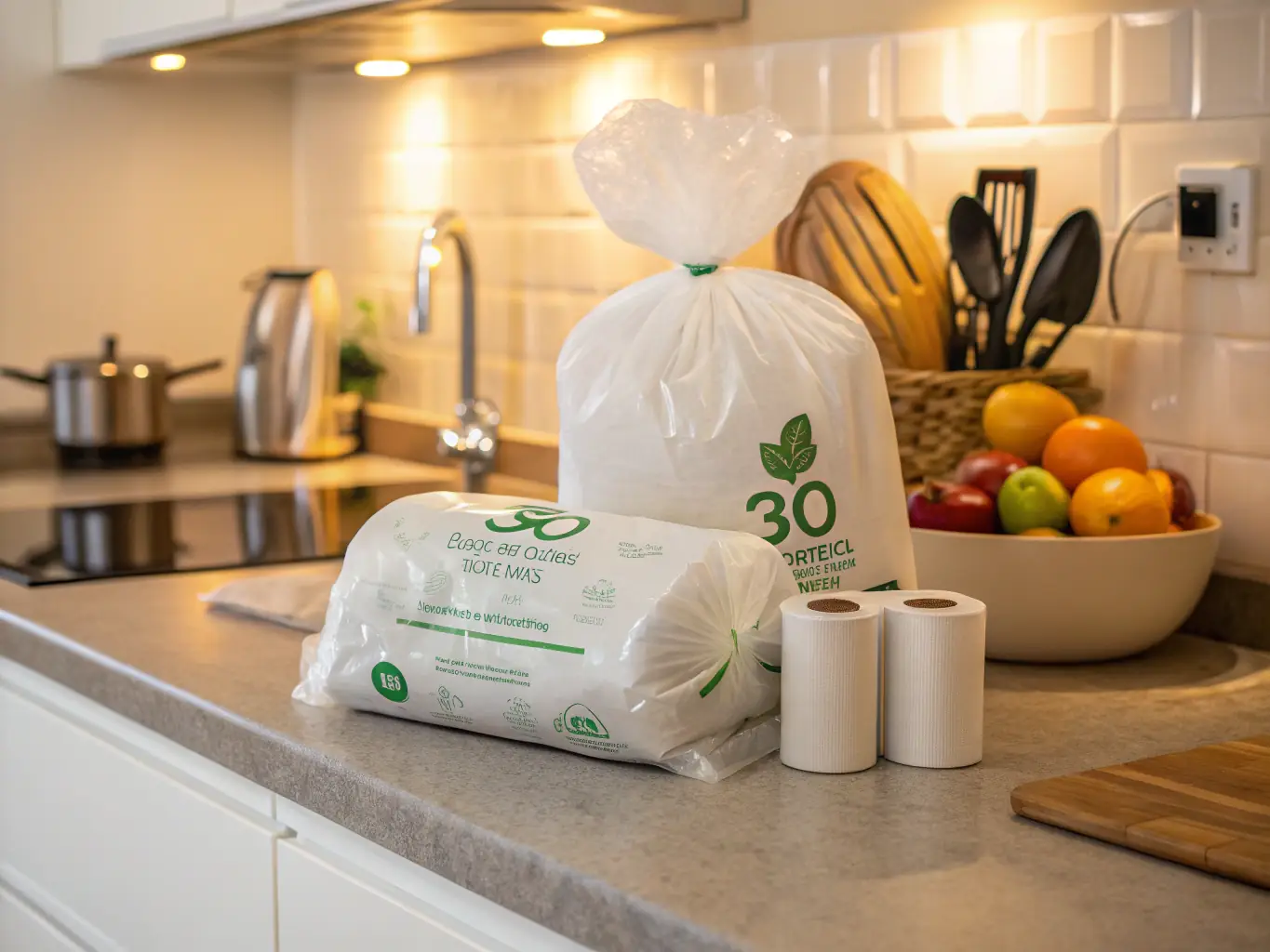 An image featuring Trrestle's biodegradable trash bags being used in a modern kitchen, with a focus on their durability and eco-friendly packaging.