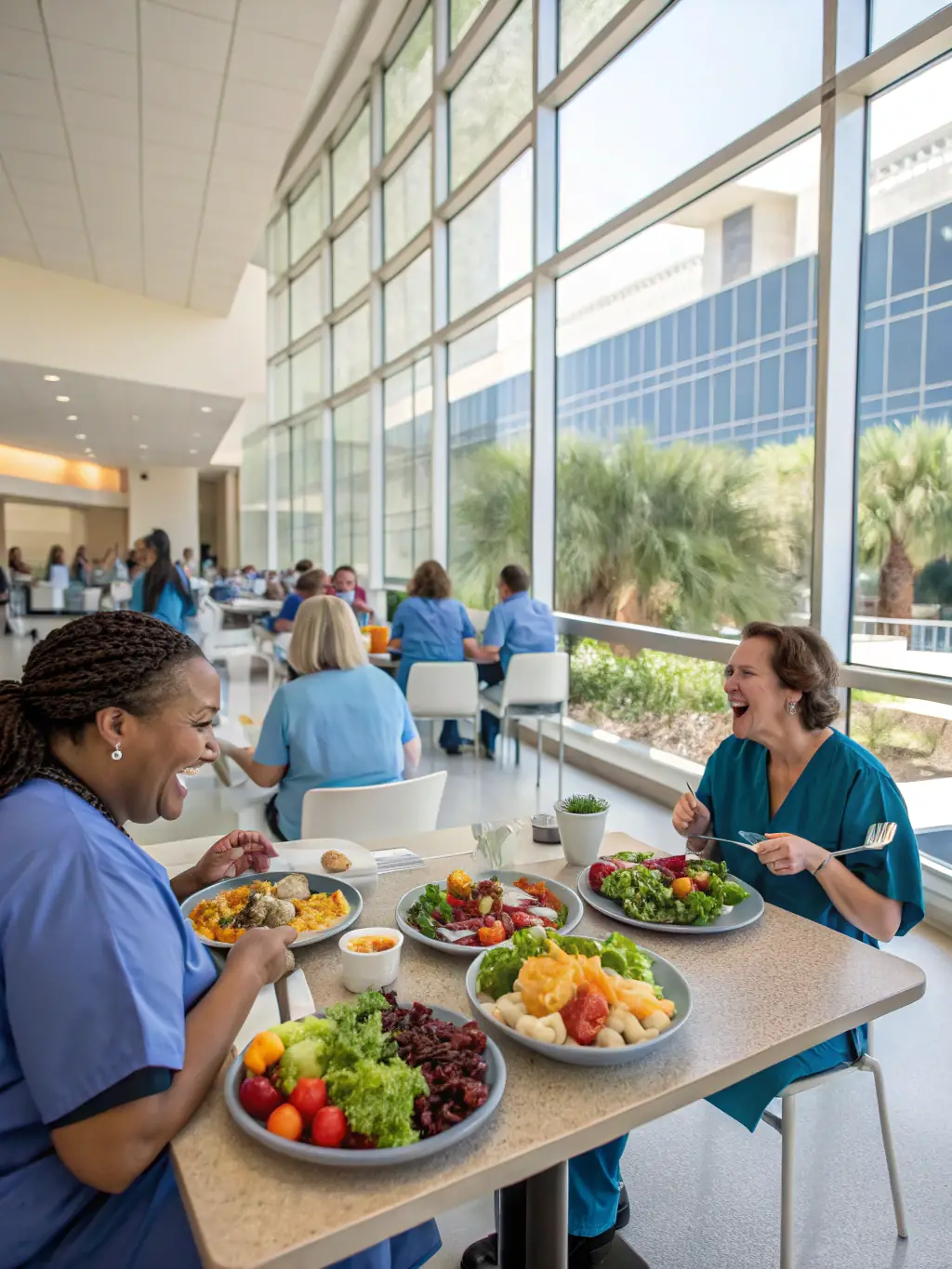 A modern office cafeteria scene where employees are using compostable plates and cutlery, highlighting Trrestle's commitment to eco-friendly corporate environments.