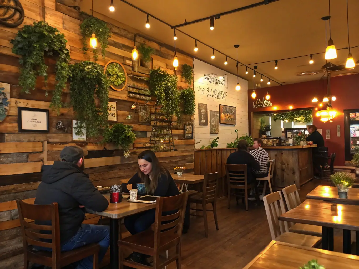 A vibrant image showcasing a variety of Trrestle's compostable food containers filled with colorful, fresh salads and meals, set against a backdrop of a bustling, eco-conscious cafe.
