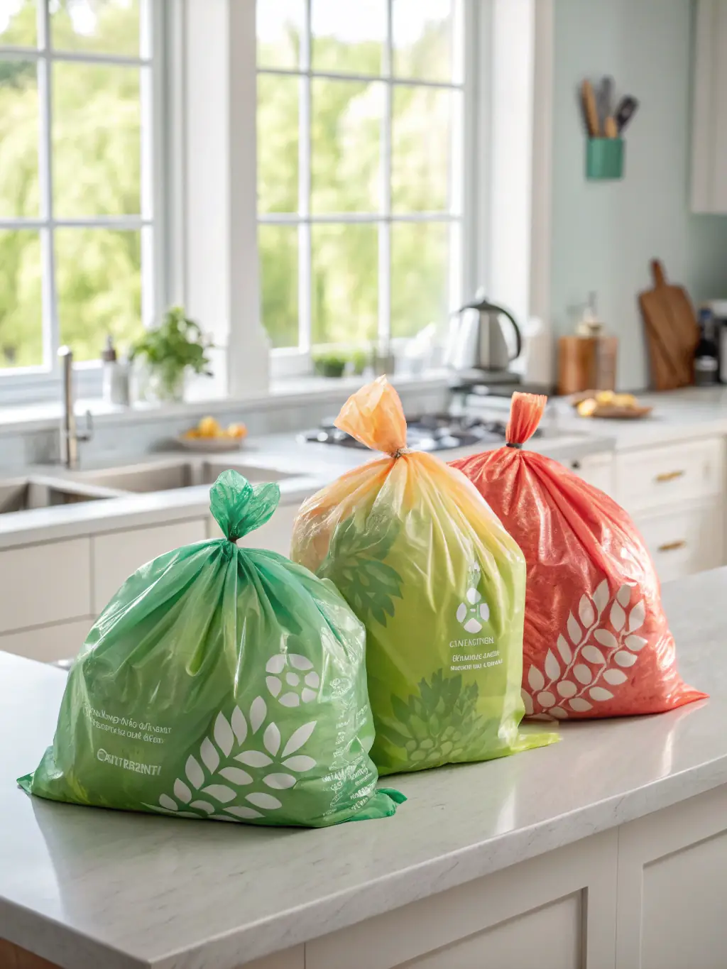 A visually appealing image of Trrestle's biodegradable trash bags, highlighting their strength and biodegradability, placed in a setting of a modern, eco-conscious household.