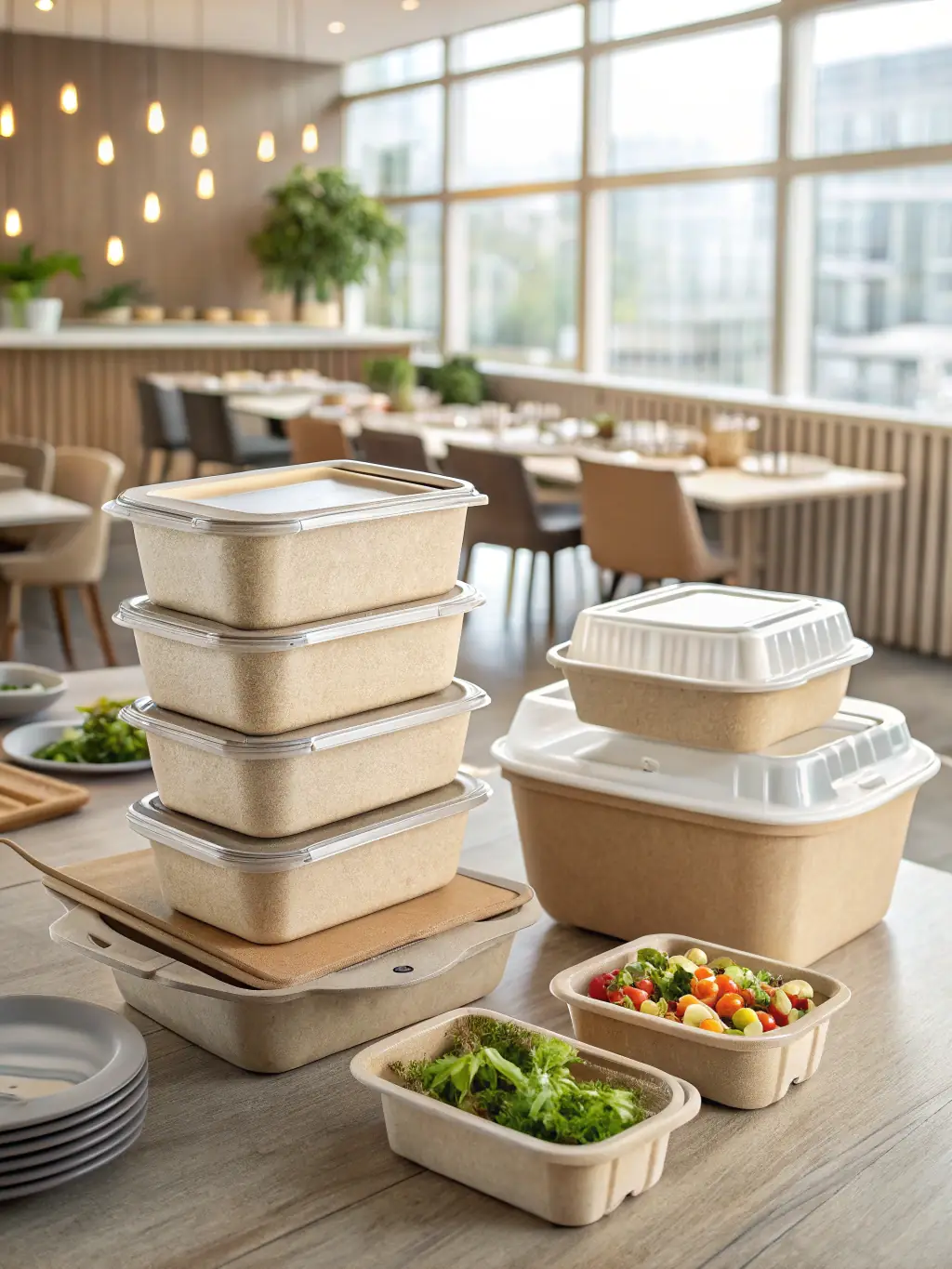 A high-quality image of Trrestle's compostable food containers, showcasing their durability and eco-friendly design, set against a backdrop of a bustling food service environment.